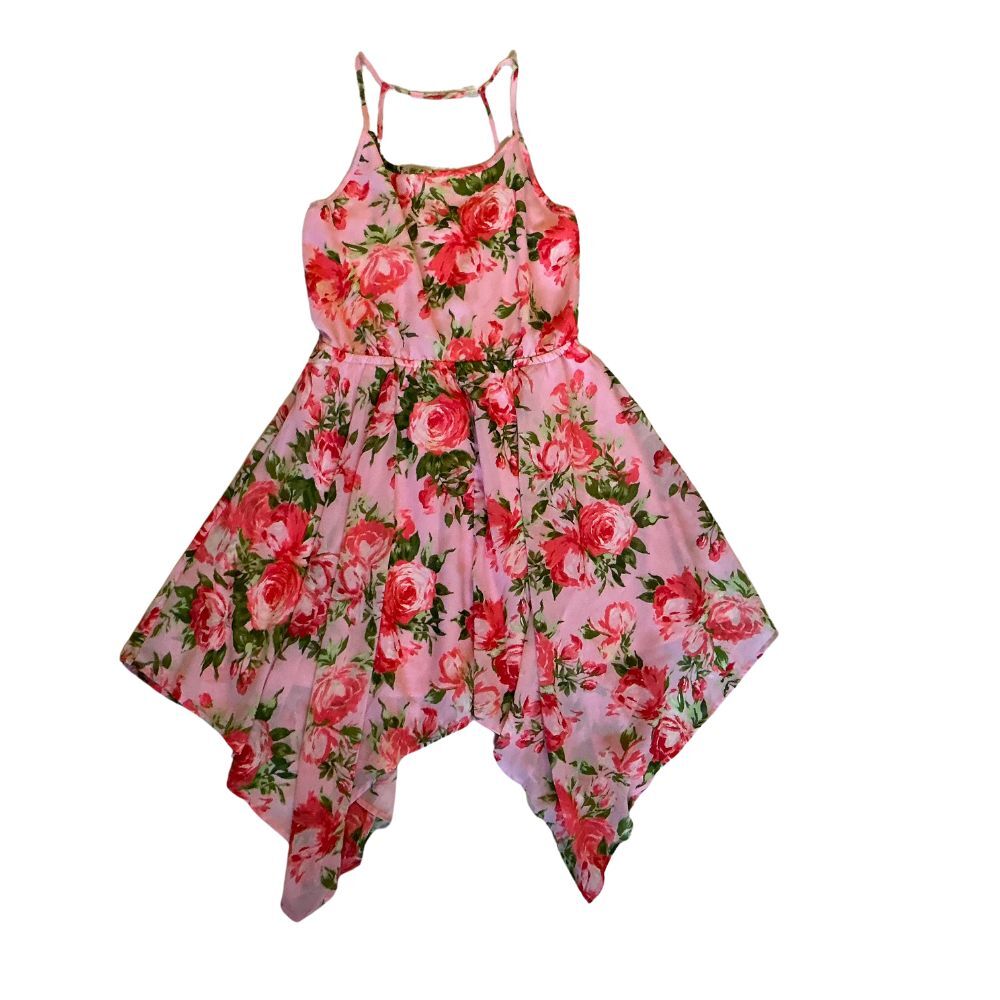 Girls Sleeveless Casual Dress Size 10-12 Pink Floral Lined Kerchief Hem